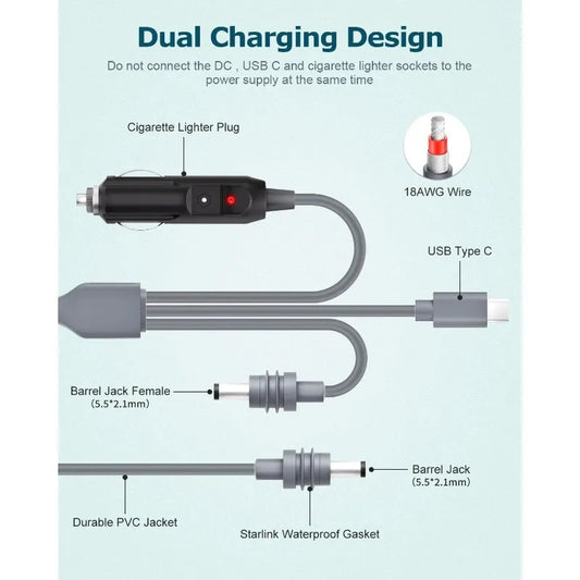 3-in-1 Starlink Mini Cable 100W USB C/Car Charger/DC To DC Replacement Cable Power Cable Accessories