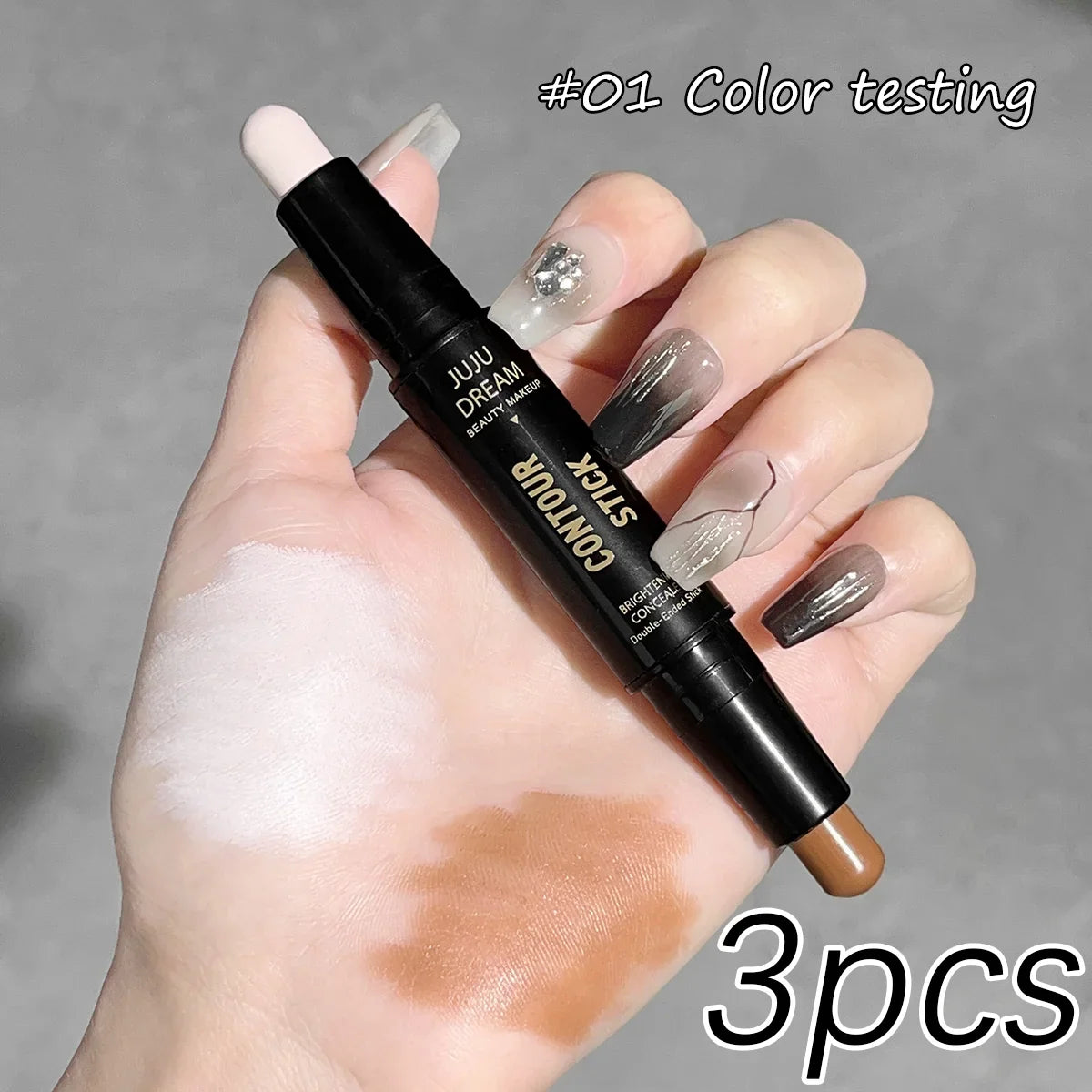 Blushimmer double-ended high-light and contouring stick for facial shaping, nose shadow, and brightening, shown with product applied to face.