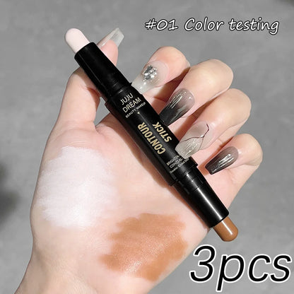 Blushimmer double-ended high-light and contouring stick for facial shaping, nose shadow, and brightening, shown with product applied to face.