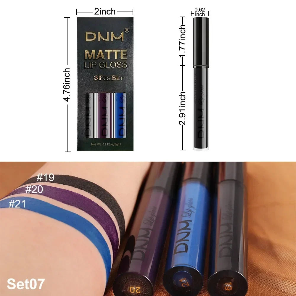 Set of four Blushimmer liquid lipsticks in black, blue, purple, and green with matte finish and long-lasting waterproof formula.