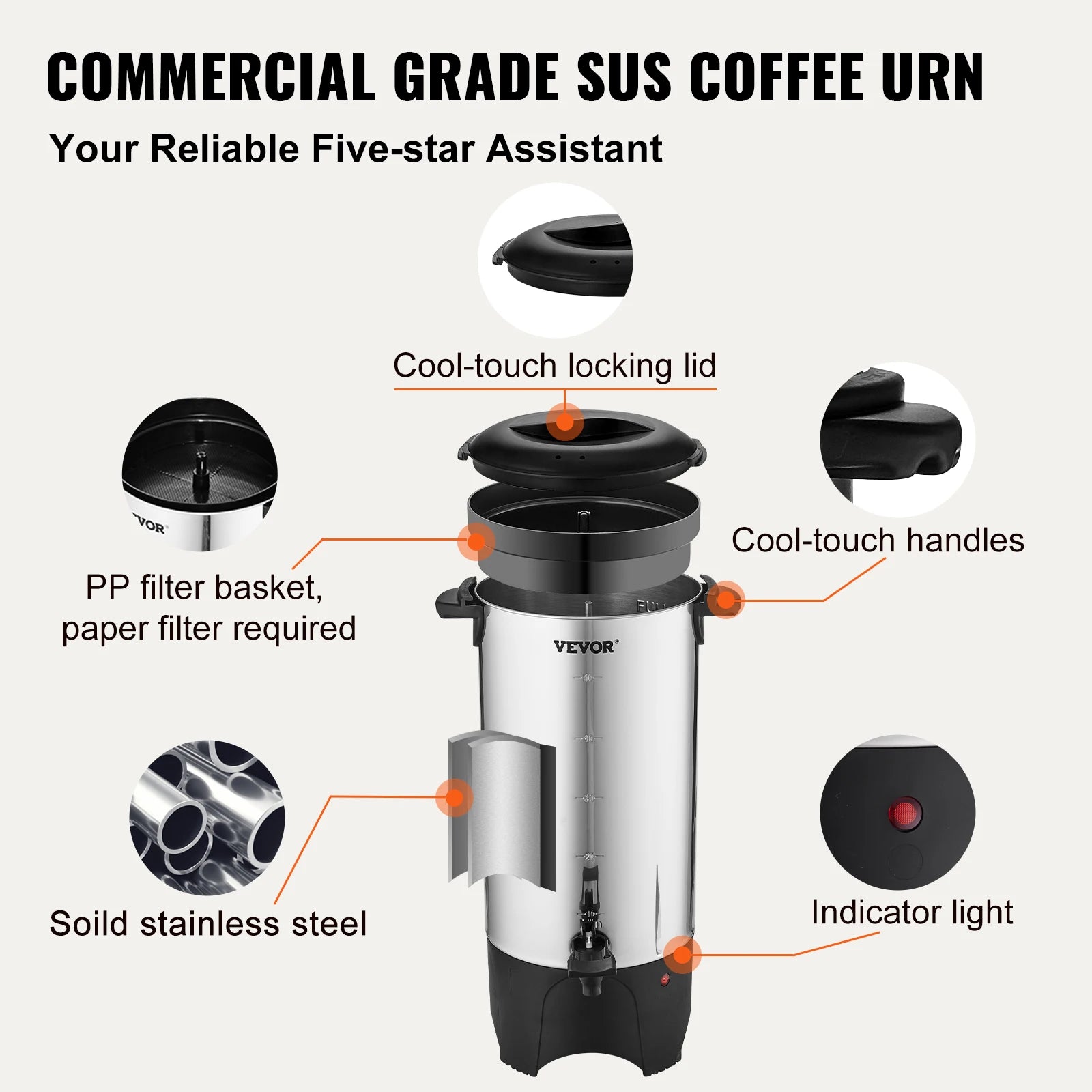 SucceBuy 50 Cups Commercial Coffee Urn Stainless Steel Large Coffee Dispenser 1000W Electric Coffee Maker Urn For Quick Brewing