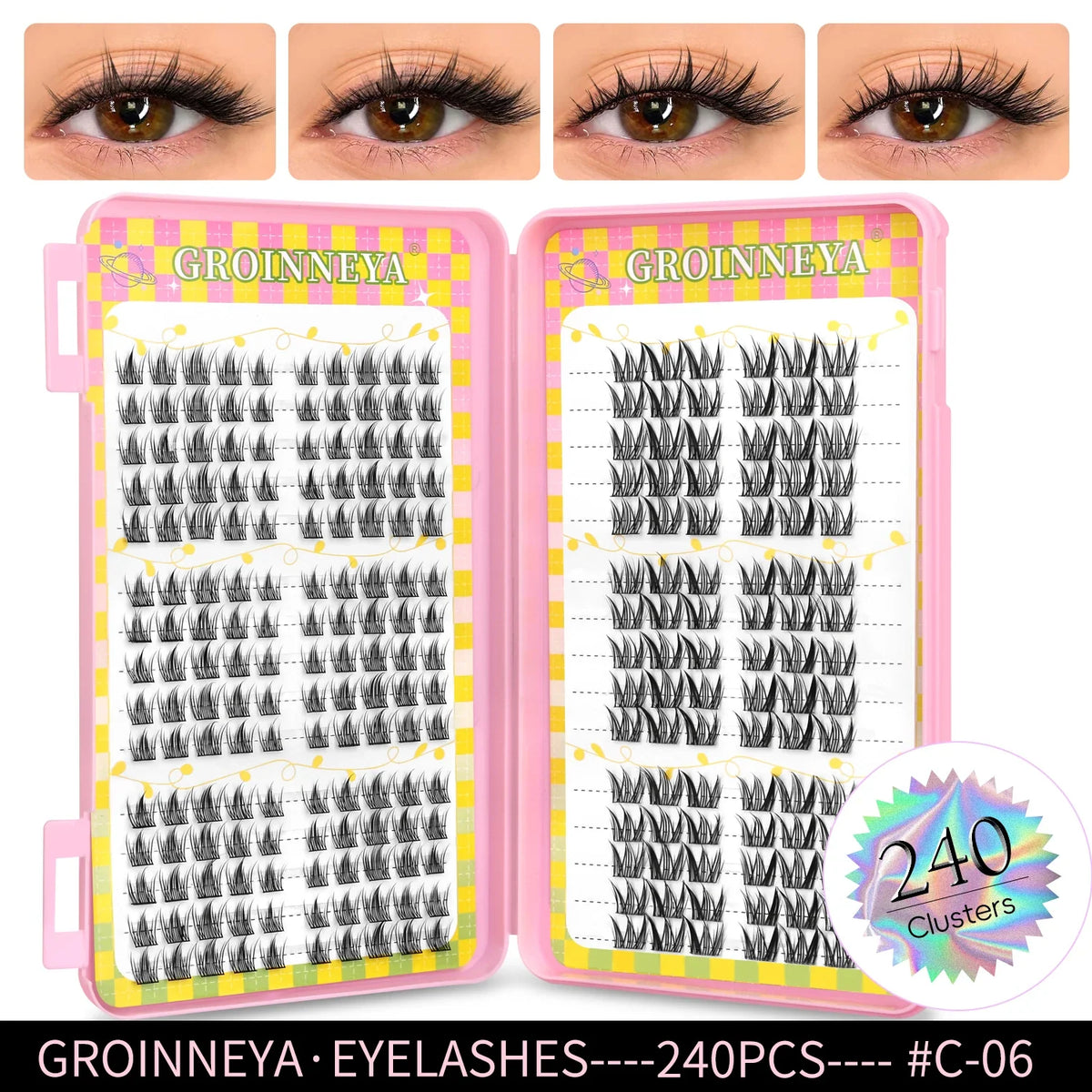 Blushimmer GROINNEYA eyelash clusters, 320 pcs natural eyelash extension tray with mixed volume cluster lashes.