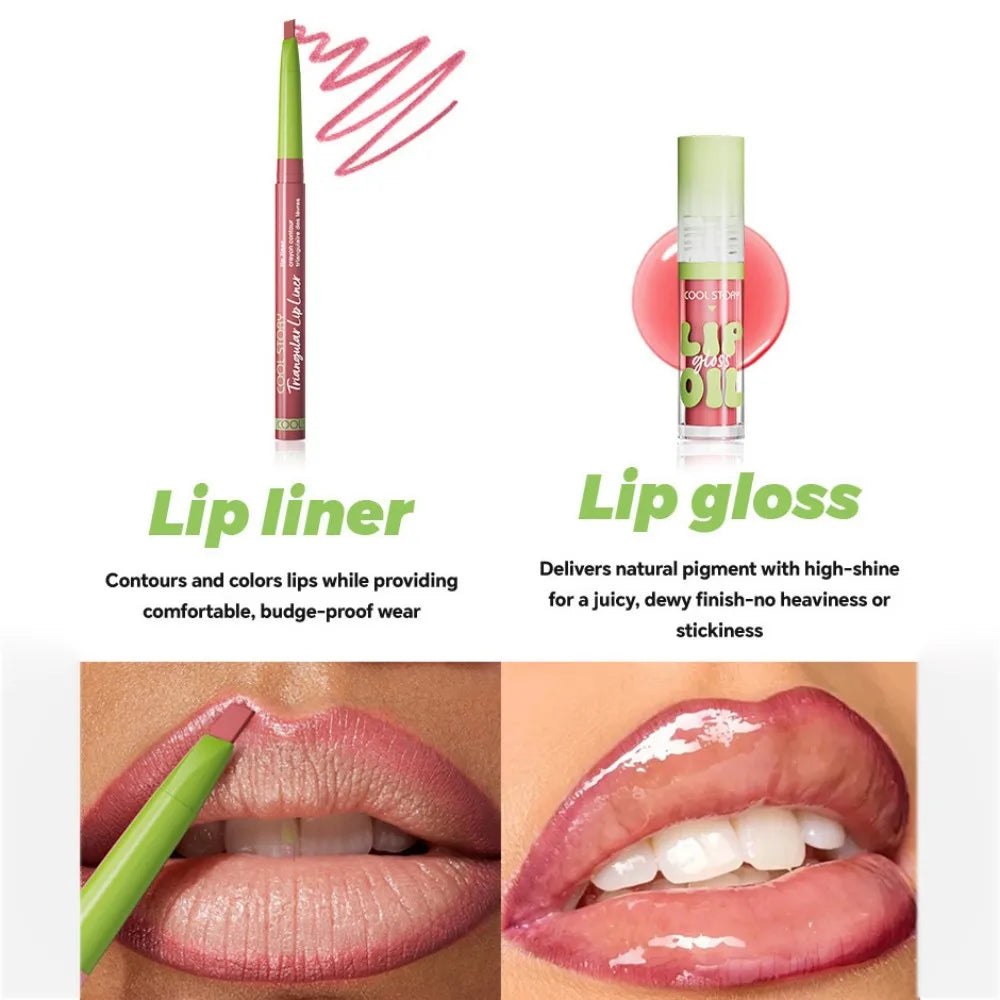 Blushimmer 3-piece lip liner and gloss set with dual-ended lipstick and smooth buildable lip gloss for women.