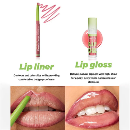 Blushimmer 3-piece lip liner and gloss set with dual-ended lipstick and smooth buildable lip gloss for women.