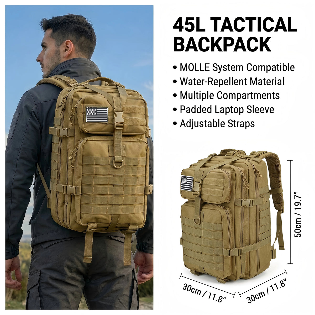 ReFireGearUS 45L tactical hunting backpack with Molle system, camo pattern, water-resistant outdoor field bag, large capacity rucksack