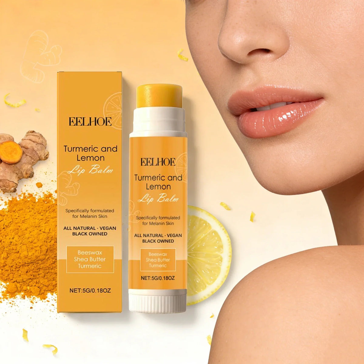 Blushimmer turmeric lemon lip balm in a small jar, showing the moisturizing, soothing lip skin care product with a bright yellow and white label.