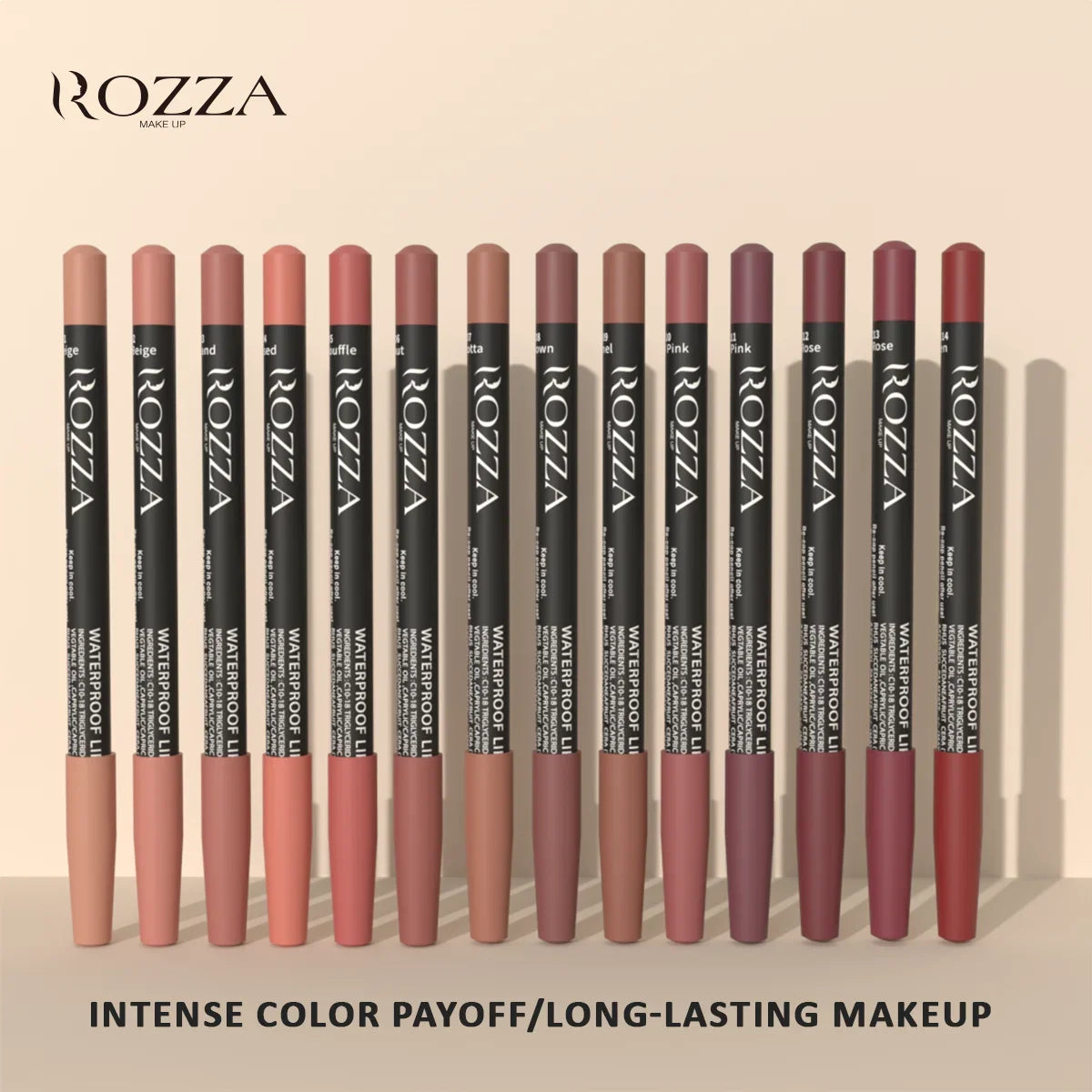 Blushimmer Rozza Waterproof Lip Liner Pencil Set with soft, matte, blendable texture for precise, weightless lip definition.