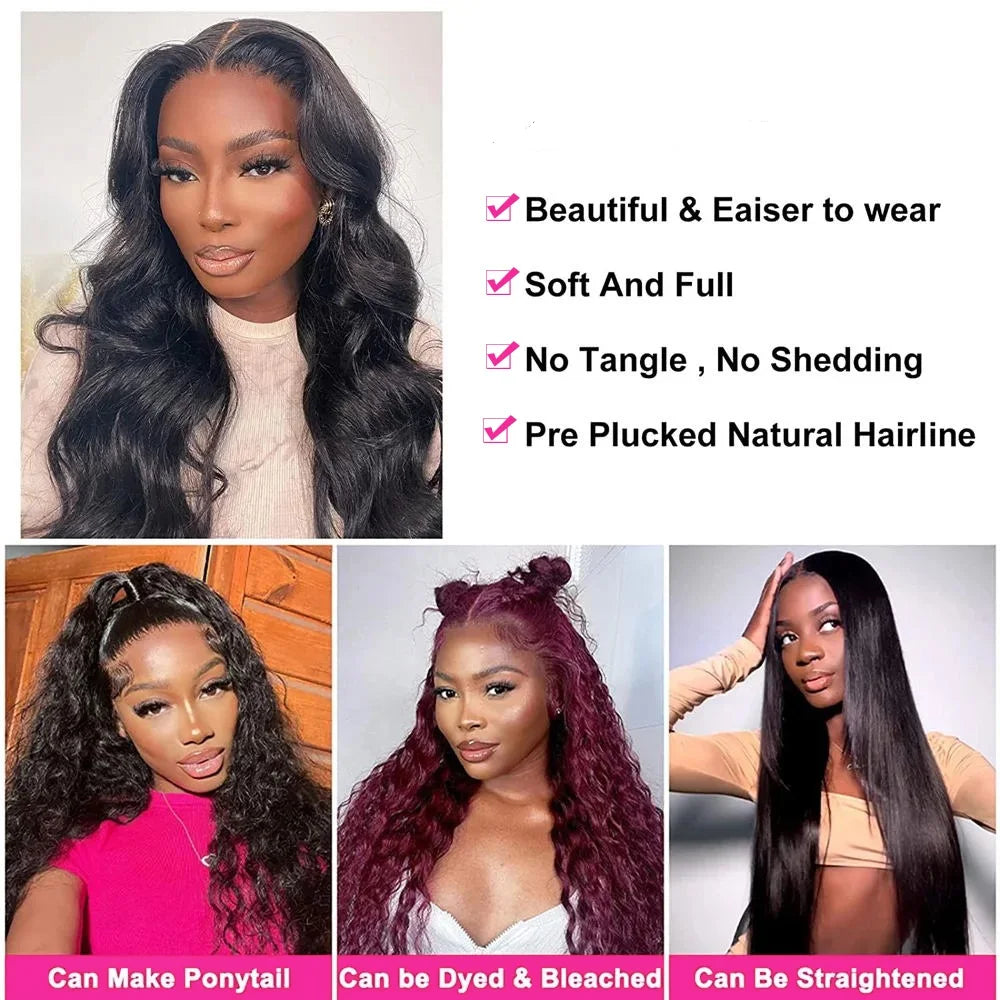 Natural colored Body Wave V Part glueless human hair wig with 200 density, 30-32 inches, styled for women, showcasing realistic hair texture