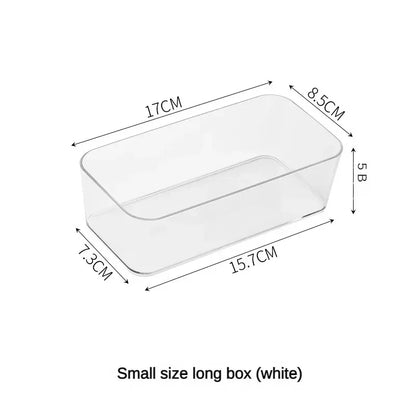 Blushimmer transparent plastic desk storage box with compartments for jewelry, makeup, and small accessories.