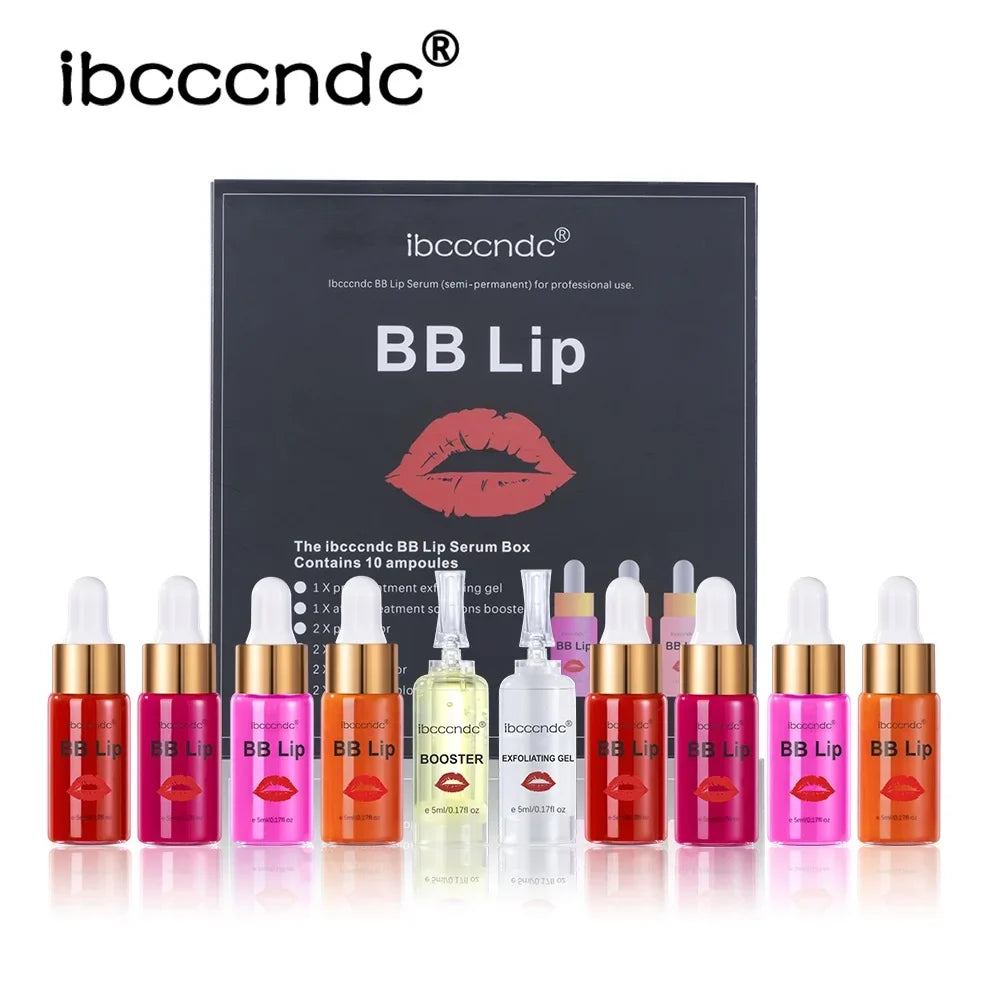 Blushimmer BB Lips Ampoule Serum Starter Set with semi-permanent lip tint kit and applicator brushes displayed on a white background.
