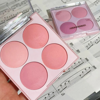 Blushimmer 4-color blush powder face makeup set with warm matte cheek colors, ideal for natural facial beauty and cosmetic application.