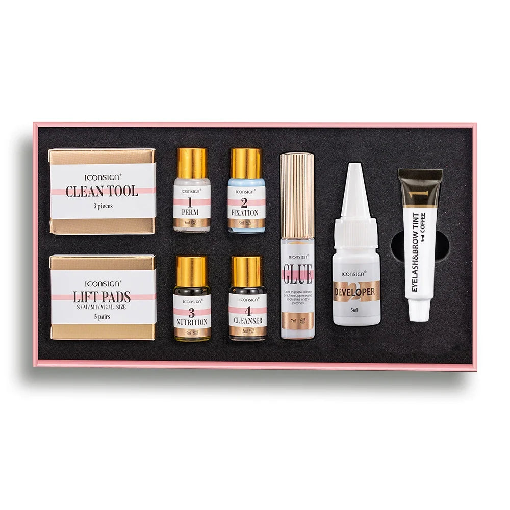Blushimmer ICONSIGN Lash Lift and Tint Kit with eyelash perm and brow dye products, displayed in the image.