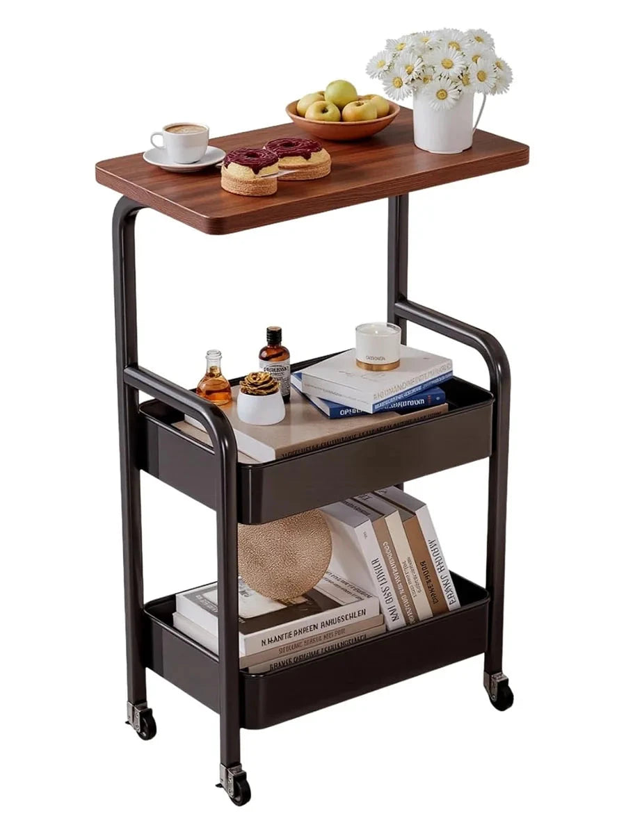 Three-tier metal rolling storage cart with walnut wood tabletop, lockable wheels, ideal for kitchen, bathroom, or craft organization.