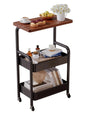 Three-tier metal rolling storage cart with walnut wood tabletop, lockable wheels, ideal for kitchen, bathroom, or craft organization.