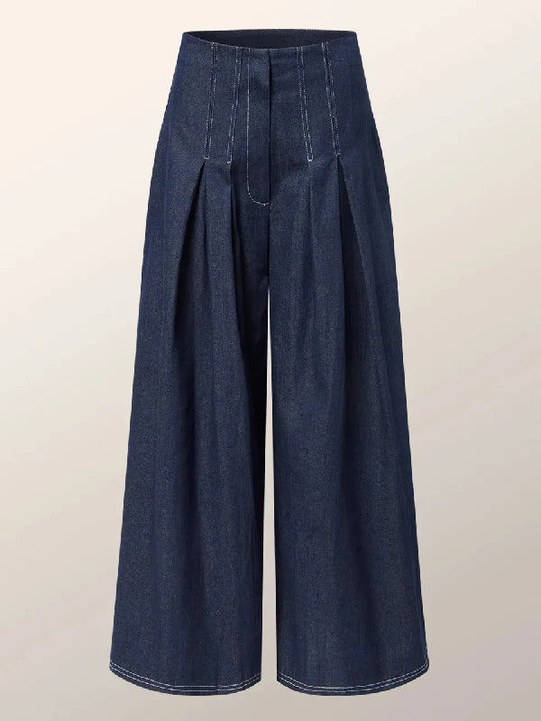 Women's Dark Blue High Waist Pleated Wide Leg Jeans 2026 Spring New Retro Workwear Streetwear Jeans Loose Fit Casual Trousers