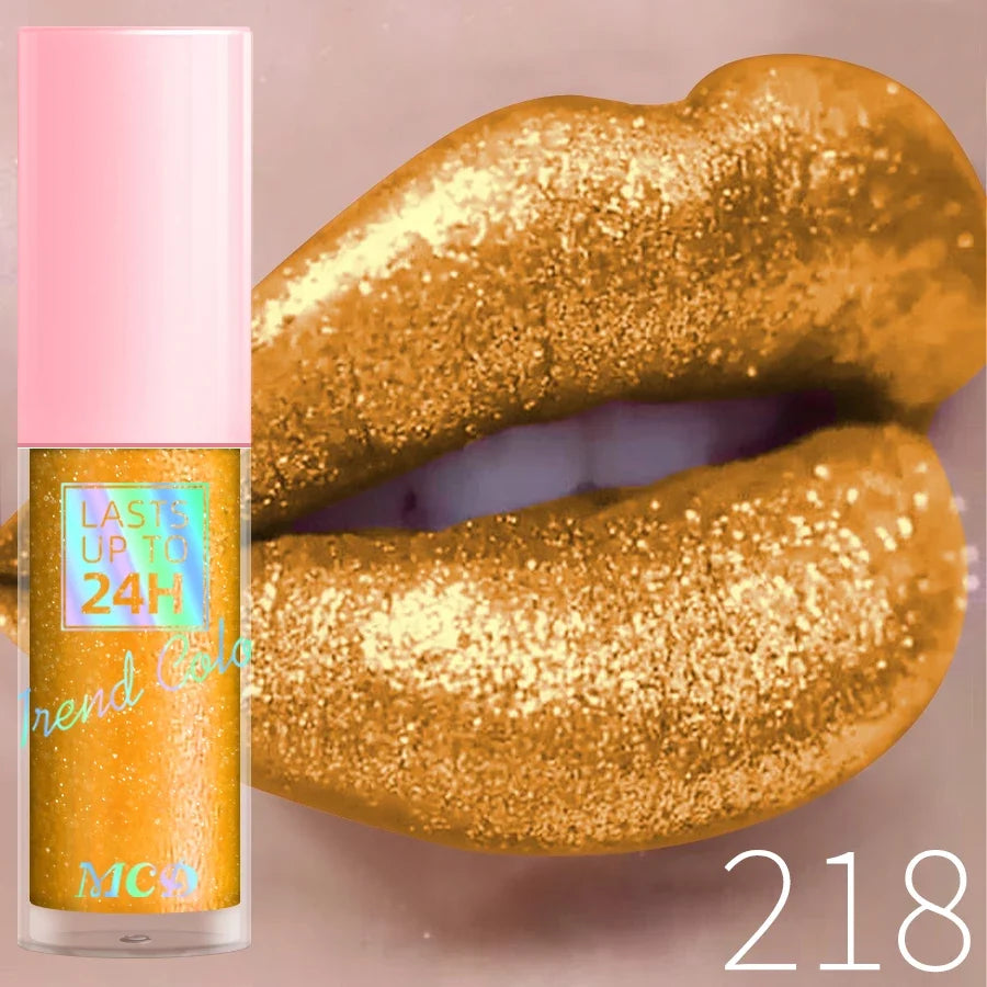 Blushimmer 18-color diamond glitter lip gloss with long-lasting, waterproof liquid formula and shiny pearl finish.