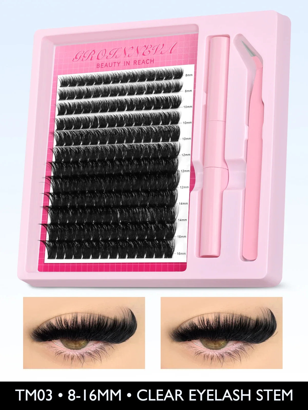 Blushimmer Lash Clusters Kit with fluffy C curl eyelash extensions in 10-18mm, includes adhesive and seal for DIY lash application.