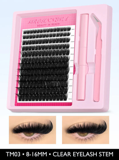 Blushimmer Lash Clusters Kit with fluffy C curl eyelash extensions in 10-18mm, includes adhesive and seal for DIY lash application.
