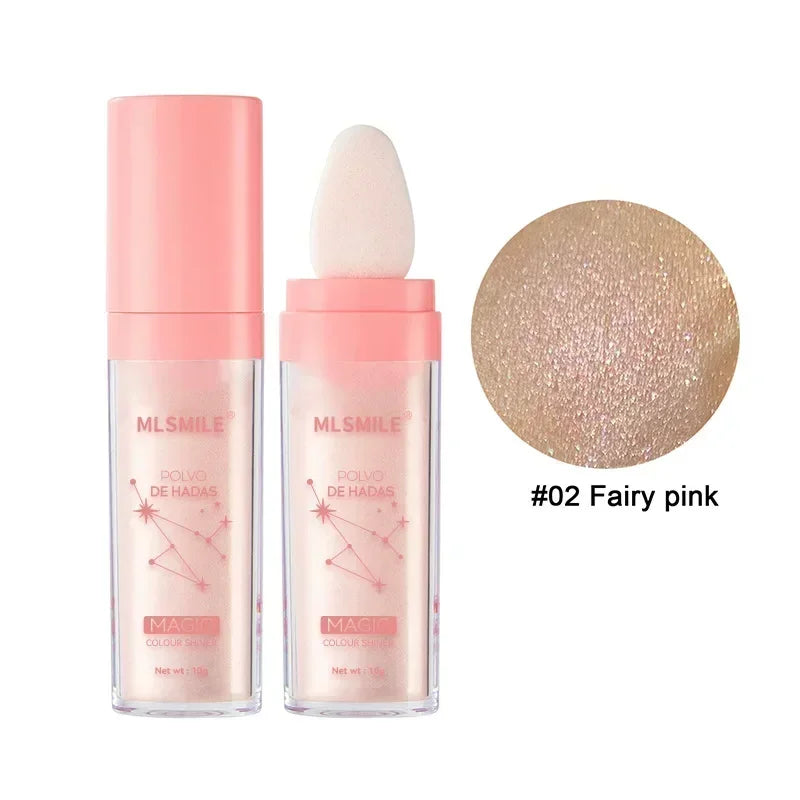 Blushimmer Shimmer Fairy Powder highlighter with loose white face and body glitter, illuminating face and body with a bronzer glow.
