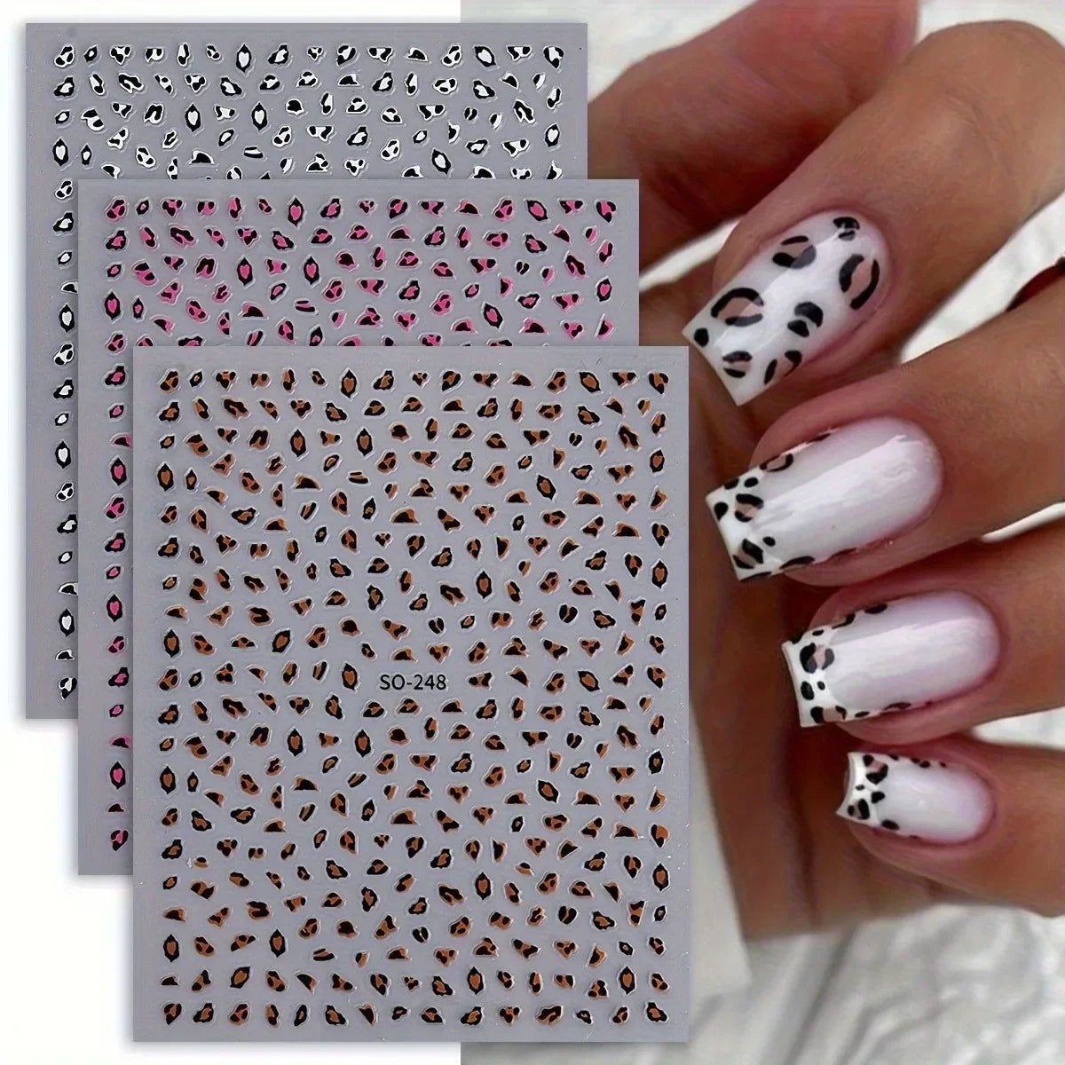 Three sheets of Meilad leopard print nail stickers by Blushimmer for easy DIY nail decoration, perfect for gifts, parties, and weddings.