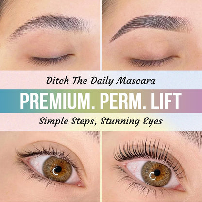 Blushimmer Permania Eyelash Lift and Brow Lamination Kit with curling tools and products on a white background.