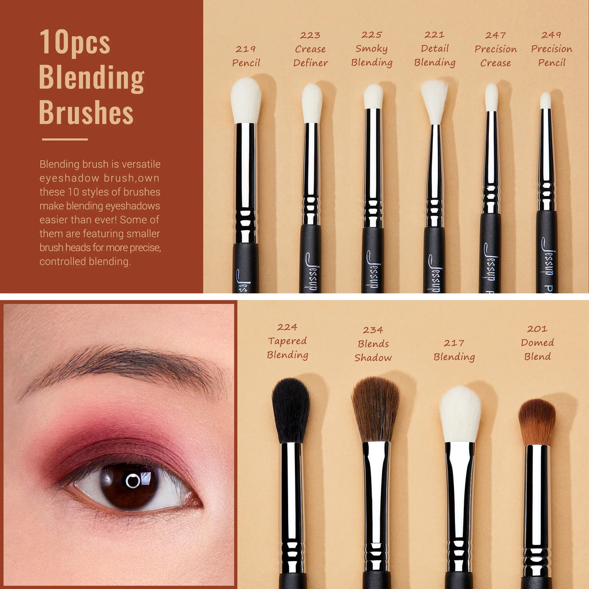 Blushimmer Jessup eye makeup brushes set with synthetic blending and eyeshadow brushes for professional eye makeup application.