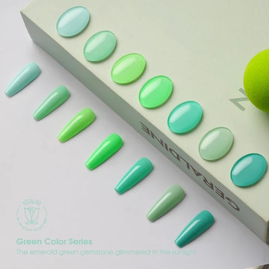 Blushimmer Rosalind summer green gel nail polish bottle, 7ml/15ml semi-permanent UV gel for manicures and nail art.