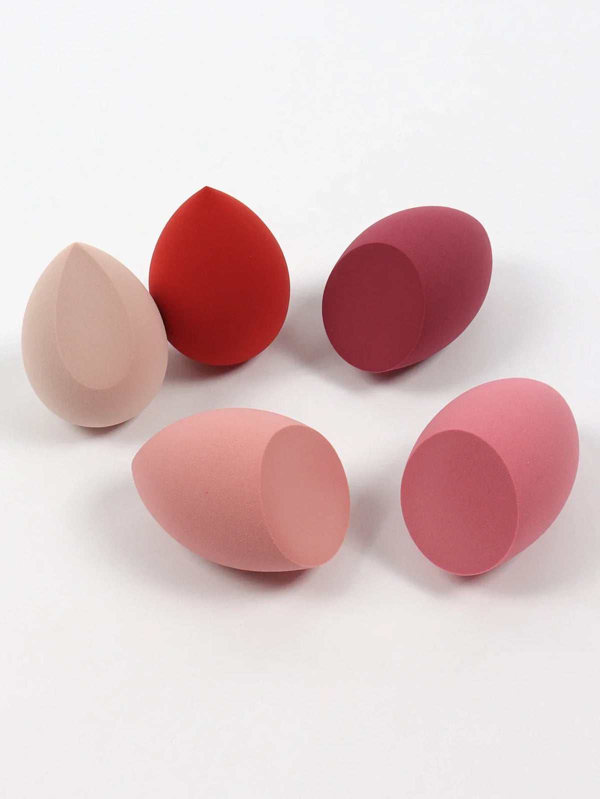 Set of five Blushimmer vegan velvet makeup sponges for liquid, cream, and powder makeup application, eco-friendly travel essentials.