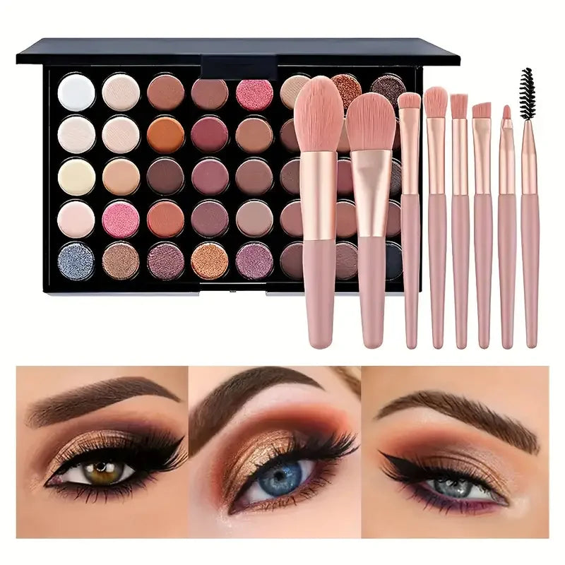 Blushimmer glitter eyeshadow palette with 40 matte waterproof pressed powders for long-lasting eye makeup in vibrant colors.