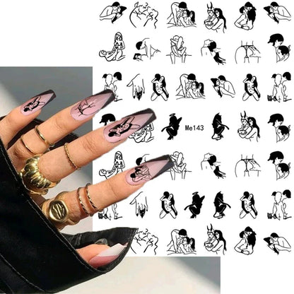 Black and white nail art stickers featuring sexy woman and girl designs for press-on nails and body decoration by Blushimmer.