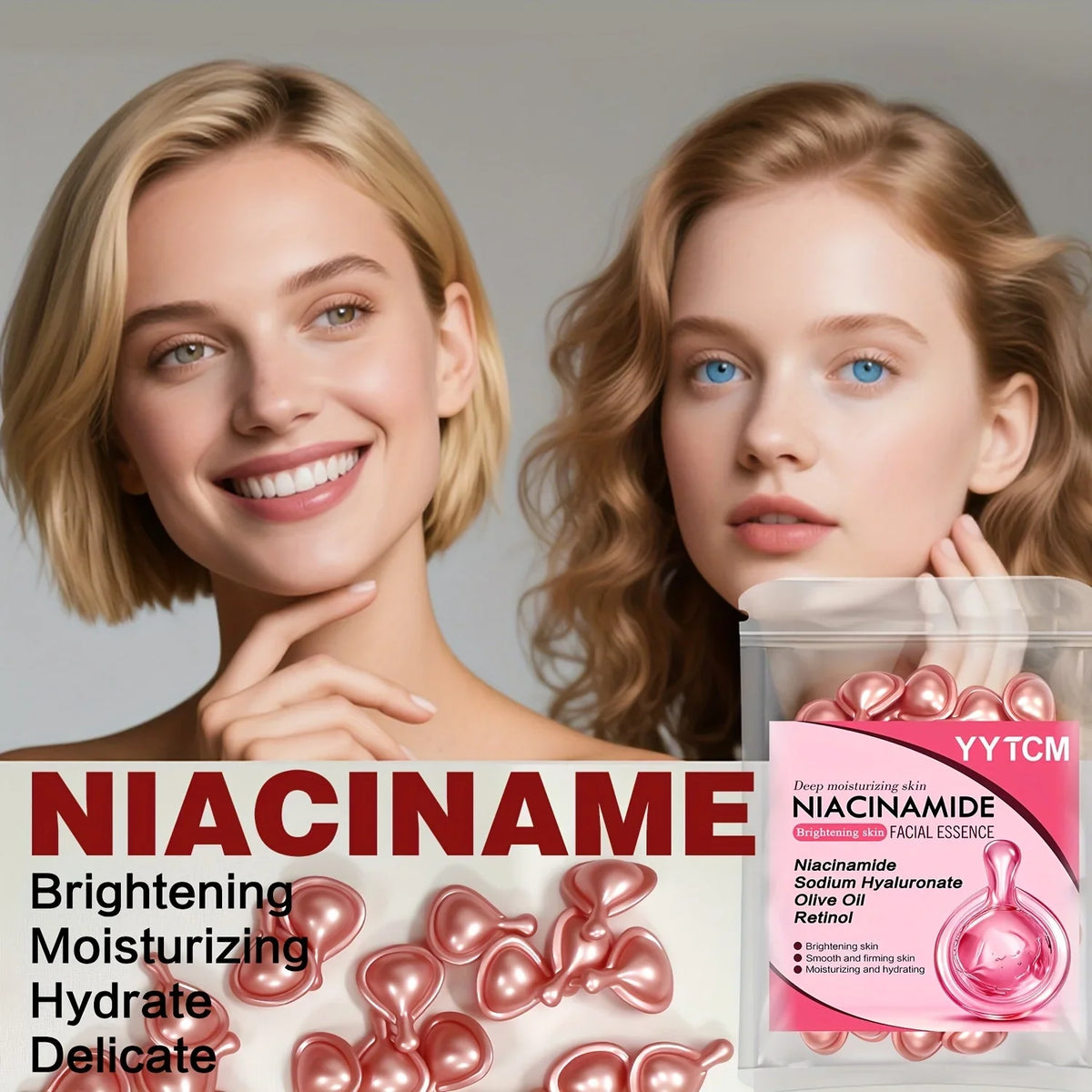 Blushimmer Niacinamide Facial Essence Capsules with retinol and olive oil, designed to brighten, hydrate, and smooth skin.