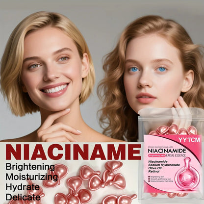Blushimmer Niacinamide Facial Essence Capsules with retinol and olive oil, designed to brighten, hydrate, and smooth skin.