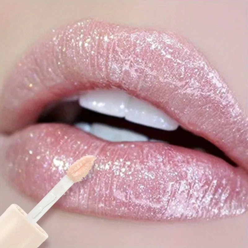 Blushimmer waterproof lip gloss in coral, pink, and skin tones with moisturizing, glittery, long-lasting shine on lips.