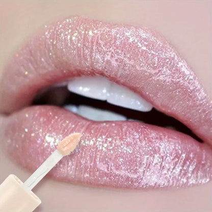 Blushimmer waterproof lip gloss in coral, pink, and skin tones with moisturizing, glittery, long-lasting shine on lips.