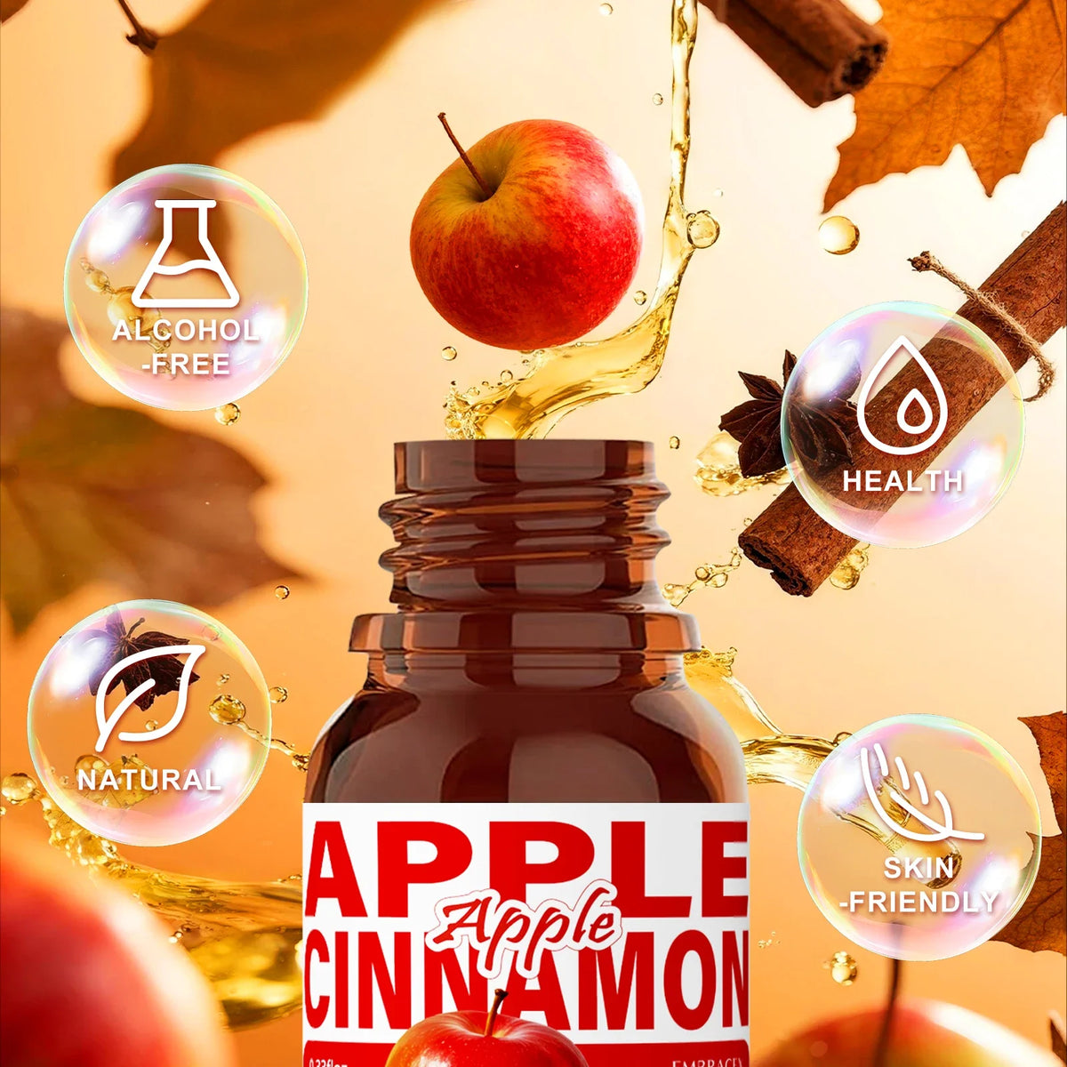 Blushimmer Apple Cinnamon essential oil perfume bottle, 10ml, with a sweet fragrance, ideal for aromatherapy, skincare, and hair care.