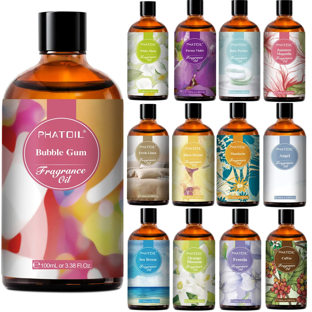 Blushimmer PHATOIL 100ml fragrance oil with coconut, vanilla, bubble gum, sea breeze, and white musk aroma for candles and soap making.