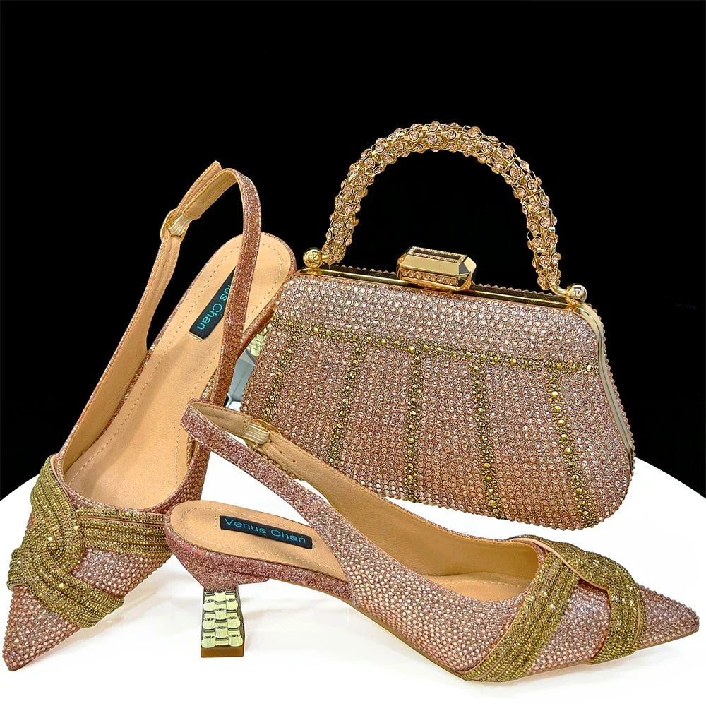 Luxurious women's shoes and bag set with rhinestones by EdleessFashion, featuring elegant design and sparkling embellishments.