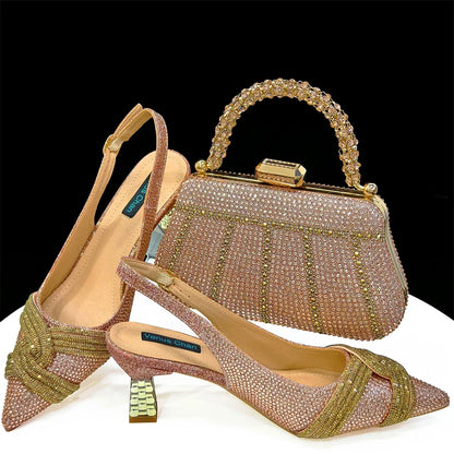 Luxurious women's shoes and bag set with rhinestones by EdleessFashion, featuring elegant design and sparkling embellishments.