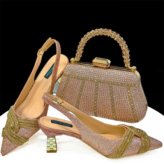 Luxurious women's shoes and bag set with rhinestones by EdleessFashion, featuring elegant design and sparkling embellishments.