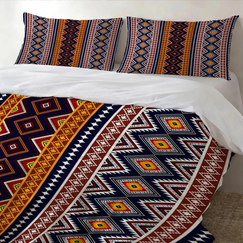 High-definition digital printed bedding set with ethnic geometric and floral patterns, includes duvet cover and pillowcases.