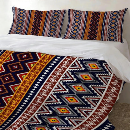 High-definition digital printed bedding set with ethnic geometric and floral patterns, includes duvet cover and pillowcases.