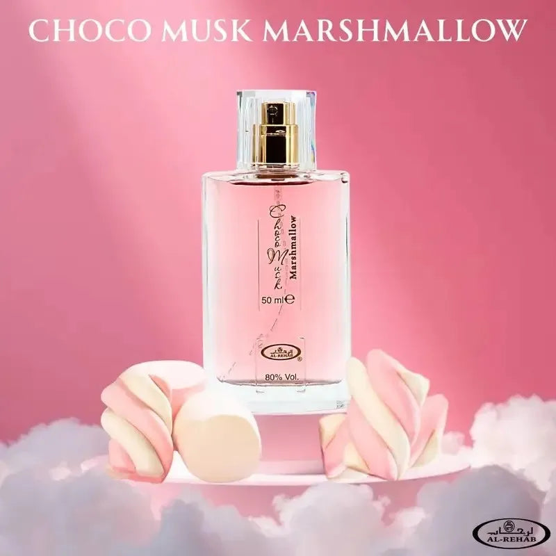 Al Rehab Choco Musk collection with varied scented bottles featuring sweet and rich fragrances for unisex use by Blushimmer.