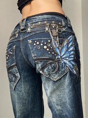 American Fashion High Street Large Size Butterfly Embroidered Women Jeans Y2K Millennium Harajuku Slim Flared Jeans