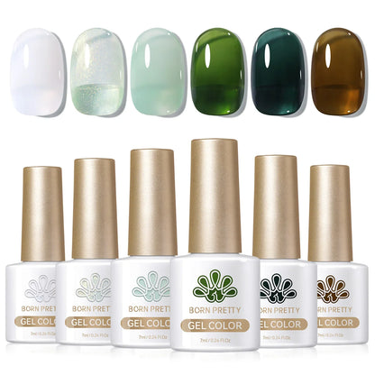 Six bottles of Blushimmer Born Pretty crystal amber gel nail polish set in pink and nude shades for semi-permanent UV and LED manicures
