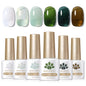 Six bottles of Blushimmer Born Pretty crystal amber gel nail polish set in pink and nude shades for semi-permanent UV and LED manicures