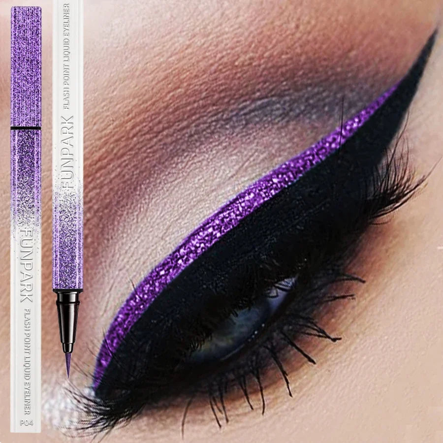 Purple liquid eyeliner by Blushimmer, waterproof matte quick-dry eye pen with precise tip, shown with the closed pen and product packaging.