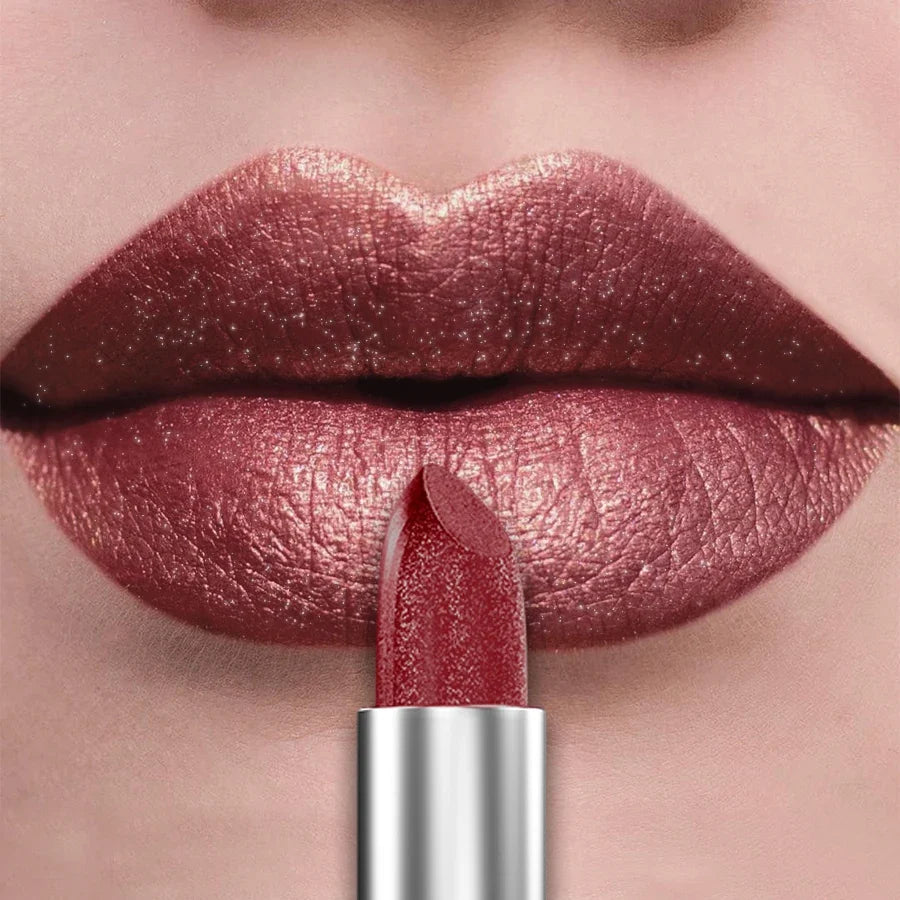Blushimmer 21-color metallic glitter lipstick featuring shiny pearlescent finish and long-lasting matte lip tint in vibrant shades.