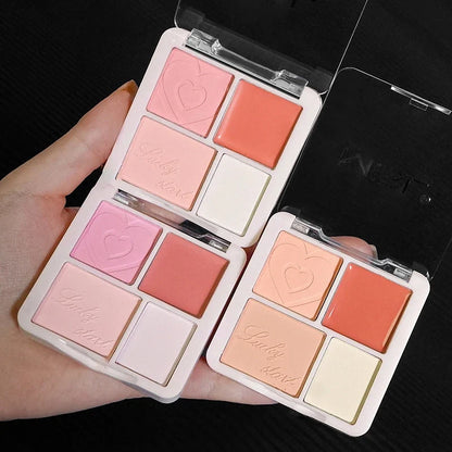 Blushimmer pink peach blush powder cream palette with highlighter, matte blush, and cheek tint for brightening and luminous makeup.