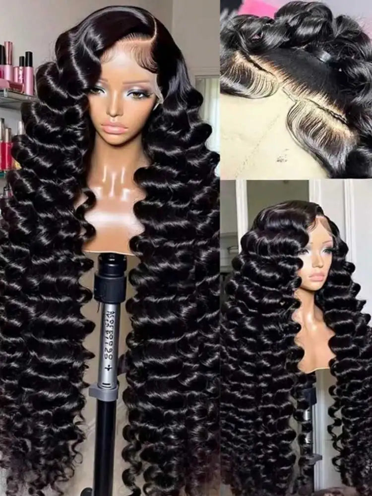Selvanelle 40-42 inch deep wave human hair wig with HD lace frontal, 13x4 or 13x6, featuring loose curly style for women.