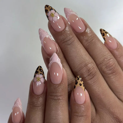 Blushimmer 3D Bowknot pearl and leopard French almond false nails, detachable and wearable, featuring nude and pearl design.